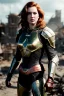 Placeholder: ultrarealistic, ruined city,__skimpy sci-fi armor__, __angles__, 18 year old woman, strikingly beautiful,ginger hair, _colour_, [__starlets__|__starlets__], (pale __skincolor__ skin:1.2), __camera__, _hair_, detailed face and eyes, medium breasts, leather choker, freckles, dynamic pose, resolved expression, __accessory__, strappy outfit, (straps:1.1), sword in scabard on left hip, (buckles, buttons, snaps, rings:1.0), haltertop style breastplate, detailed eyes, plump lips, sci-fi theme