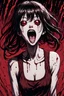 Placeholder: Petit woman with rare eyes, weird pose, fullbody, screaming, tears, Junji Ito style, darkred tones,