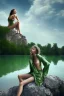 Placeholder: woman sitting on a rock, in a lake, green mottled skin, green hair, blue sky, white clouds