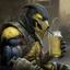 Placeholder: mortal kombat character, scorpion, drinking a mate,