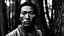 Placeholder: black and white photo of a 30 years old American native in a forest, in the early 19th century, on a sunny day, The Native American is behind a tree, only one eye is visible since the other is behind the tree, The photograph has high contrast and density, reminiscent of Akira Kurosawa's style, with predominantly blacks, whites, and grays, telephoto lens, long shot, landscape shot