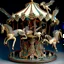 Placeholder: Antique circus carousel (merry go round) meticulously carved, with intricate details, showcasing a menagerie of life-size creatures moving in graceful rhythm, anatomically accurate mythological creatures like Griffins, unicorns with wings, along with large decorated rabnits, tigers, and black bears, hand painted with expressive, grotesque faces. fantastical creatures art style is flamboyant, magical, early 20th century, overexaggerated, realism, surrealistic atmosphere, grotesque, alive-like sc