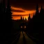 Placeholder: dark night, orange sunset colors in the sky, a lonely cottage with the lights off in the distance on a mountain in the woods, a lonely dark figure walking down the road