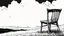 Placeholder: broken wooden chair, anime, monochrome, black background, ink, simple, maximum quality, broken hinge, barely functioning, centered on frame, far view, in the middle of a grassy hill, white sky with cumulonimbus