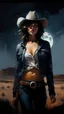 Placeholder: brunette curvy woman with short bob hair as a cowgirl with cutt off shorts and tank top in the desert at night in the moon light, romantic :: dark mysterious esoteric atmosphere :: digital matt painting with rough paint strokes by Jeremy Mann Carne Griffiths Leonid Afremov, black canvas