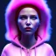 Placeholder: Russian woman, rounded face, bubble gum, heavily made up, red, blue, pink, hoodie, feathers, latex, leather, soft color, highly detailed, art stations, concept art, smooth, unreal engine 5, god rays, ray tracing, RTX, lumen lighting, ultra detail, volumetric lighting, 3d, finely drawn, high definition, high resolution, neon background.