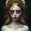 Placeholder: singer Danish MØ face, style surrealism by <Mark Ryden>, blood, hair guts, darkred tones,