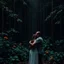 Placeholder: dark and quiet forest with abundant flora and rain , a man and a woman hugging