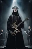 Placeholder: katolický biskup hraje na pódiu v blackmetalové kapale na baskytaru a řve do mikrofonu, ponurá atmosféra, veliká scéna koncertu, pentagram, obrácený kříž, veliký kontrast, hodně detailů, fotorealistické, RAW