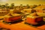 Placeholder: An orange colored military base with tanks painted by Henri Rousseau
