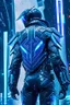 Placeholder: cyberpunk, neon blue, high technology, geometric figures, orbiting figures, cyberpunk suit, black and blue, epic, rain, neon blue suit, geometric figures orbiting around suit, exosuit, male