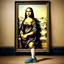 Placeholder: A painting of Mona Lisa on the wall, the frame with shorts and Crocs attached to her human legs