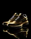 Placeholder: a sneaker made out of gold, black background, studio lighting, high fashion photography