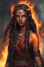 Placeholder: Fire Eladrin druid female. Hair is long and bright black half braided and half down and fire comes out from it. Eyes are noticeably red color, fire reflects. Hold fire from both hand . Has a big scar over whole face. Skin color is dark