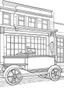 Placeholder: Outline art for coloring page OF A 1943 PULL TOY IN THE UNITED STATES IN FRONT OF A STORE, coloring page, white background, Sketch style, only use outline, clean line art, white background, no shadows, no shading, no color, clear