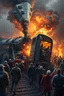 Placeholder: A train collided with another train causing chaos and fire people are dying in dramatic action view with oil paintings style of hard brush and high quality picture with high resolution 8k