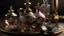 Placeholder: generate me an aesthetic complete image of Perfume Bottle with Whimsical Tea Set