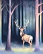 Placeholder: night, deer with antlers standing sideways, looking at viewer, realistic water color painted, among light colored tall simplified tree trunks, foggy, Easter Spring pastel colors, colorful, dark background