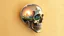 Placeholder: old worn paper, plain contrast background, crystal transparent Skull with city and plants inside, backlight inside, 8K, high detail, hyperrealism, high resolution, bright colors, ART illustration