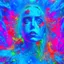 Placeholder: Singer Danish MØ face, blood, guts, wildflower, cosmic, futuristic, iridescent, intricate, background liquid, darkblue tones,