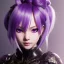 Placeholder: Detailed cute anime Kunoichi girl, purple hair buns, purple bangs, black latex bodysuit, intricate details, full body portrait, keep head in frame, slight smile, black Japanese motif, concept art, highly detailed, digital painting, concept art, sharp focus, illustration, art by Yoji Shinkawa, WLOP and greg rutkowski and alphonse mucha and artgerm and yanjun Chen and Junji ito and Makoto Shinkai, HDR, octane render