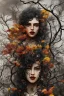 Placeholder: abstract creation of a beautiful girl with black curly hair, surrounded by black roses, thick metal chain broken, glass petals on the ground, autumn colours,dried out thorn bush, chaos,