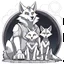 Placeholder: front in picture an of little dark brown catlike creature with big ears, big eyes stands medium close and looking an anthropomorphic wolf couple sitting on the spaceship's ramp close together, the pale gray body hair female wolf sits behind strong male wolf and touths one paw on the dark gray body hair man wolf's shoulder, raini day, on ramp a little piece of meat lies down, high contrast, high detalied, high realistic, in background detail of an angular spaceship visible. Rain, 3d realistic art