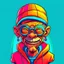 Placeholder: beautiful abstract caricature of a NFT character upper body. move away from camera. big teeth, short neck, straight facing. Colored. Dressed in Urban random color clothes like shirts, t-shirts, jackets.. solid color background, strong focus, strong contrast, Don't reflect light on the character. No shiny eyes. add random prop like glasses, hat, cap, headband, jewelry. Shrink the character to maximum of 50% of the original size