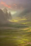 Placeholder: Oil painting, a vast green village where rain falls and turns anything it touches into gold