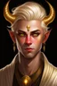 Placeholder: young man tiefling with white blonde hair and gold jewelry, wearing white and gold, demon eyes