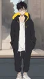 Placeholder: generate a tall guy with green eyes, black short hair, black rectangular glasses, plump lips, wide shoulders, in a black sweatshirt, black pants with pockets on the hips, yellow short socks, in black sneakers, wide shoulders, the guy is crying