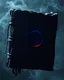 Placeholder: a high definition picture of a battered dark grimoire made of shadow and magic, its cover is wispy and shifty. It floats in outer space. It has as a symbol of a moon that glows with a blue and red glow in moonlight. It is magical in nature, not made from the material found in the world of the living.