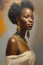 Placeholder: oil painting, in Piet Hein Eek style, ((best quality)), ((masterpiece)), ((realistic, digital art)), (hyper detailed), Upper body Portrait painting of an African Queen, in artistic pose, painted by Peter Wileman