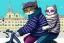 Placeholder: One single cat wearing jeans and sweater, riding on a bike in Vienna, perfect iris, manga style, cute