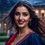 Placeholder: Hyper Realistic Photographic Close-Up View Of A Beautiful Young Pashto Woman With Beautiful Eyes Lips & Nose (Wearing Beautiful Navy-Blue Frock Decorated With Red-Ribbons On It Her Frock & Her Beautiful Long Hair Whirling In Air) Happily Whirling & Smiling Outside A Fancy Navy-Blue Mansion Heavy Rainfall Night with Thunderstorm Showing Dramatic & Cinematic Ambiance.