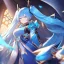 Placeholder: Clear focus, high resolution, cyan pigtails long fluffy hair, cyan eyes, wearing a Hastune Miku outfit