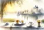 Placeholder: Brunch breakfast on an elegant table in the garden in the background, Castle on the Loire, lake, reflection, sunrise, Misty morning smooth intricate high definition beautiful lighting pencil sketch watercolor polished warm light