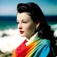 Placeholder: Vivien leigh A white curtain above the sea, turquoise, pink, orange, yellow, wind blowing