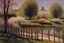 Placeholder: amazing sunny spring day, trees, flowers, fence, little pond, gustave caillebotte impressionism painting