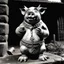 Placeholder: a statuette of a pig-man cult greyscale photo