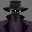 Placeholder: warlock, black hat, black mask with ash purple patterns, black trench coat with ash purple patterns, dark, ominous, ash purple, grey background, profile picture, simplistic design