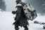 Placeholder: a man carrying a heavy ton boulder on his back, wearing warrior knight armour, walking in cold windy weather, leaving bloodstains on the snow, arrows shot stuck on his chest, dramatic