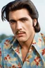 Placeholder: full color Portrait of 18-year-old Elvis Presley with medium length bob-styled brown hair, a mustache, wearing a Hawaiian shirt and Bermuda shorts- well-lit, UHD, 1080p, professional quality, 35mm photograph by Scott Kendall