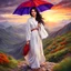 Placeholder: Hyper Realistic Beautiful Young Happy Pashto Woman With Beautiful-Green-Eyes-&-Black-Hair-&-A-Mole-on-Her-Face Wearing White-Frock & Purple-Shawl-With-Orange-Embroidery Carrying An Red Umbrella On Mountain-Top With Greenery & Breathtaking Cloudy Sunset Showing Dramatic & Cinematic Ambiance