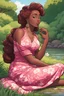 Placeholder: An comic book art illustration of a curvy black cartoon woman sitting relaxed on a sunny riverbank, lush green grass surrounding her. Facing left in profile, she has flowing chestnut hair styled in an elaborate braided twist. complementing the pink floral maxi dress wrapped snugly around her exaggerated curves. One hand touches her cheek lightly as she looks to the distance, brown eyes enhanced by long lashes and purple eyeshadow. Bold brown lips match the brown flowers on her dress