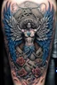 Placeholder: ultra realistic and highly detailed tattoo of a name written in the centre -"Jiu-Jitsu", a thick texturised cross with deep grains behind the writing, coming from the sides are two majestic angel wings almost sheltering the writing, chaotic and explosive background of intervining vines with thorns, few roses and rope knots, blue and grey colors, epic, 32k