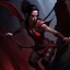 Placeholder: a beautiful tiefling woman with dark hair in a sleeveless battle outfit, flying over a dark chasm, photo quality, dark red colors