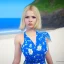 Placeholder: Beautiful sunny face woman blue eyes long blond hair in a blue flower dress on a beach, unreal engine, 4k