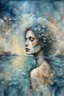 Placeholder: surrealistic painting depicts a woman submerged in water, with only her face visible above the surface. Her hair is dark brown with blonde highlights, and her eyes are a warm brown. Below the waterline, her torso is replaced by a skeletal ribcage entwined with translucent, organic root-like structures and dried leaves, revealing the internal decay beneath the skin. The upper part of the painting features a dilapidated, light-colored building with multiple levels and a dome, seemingly floating on