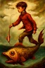 Placeholder: a painting of a young boy riding a fish, a storybook illustration by Esao Andrews, cgsociety, pop surrealism, storybook illustration, whimsical, detailed painting, ukiyo-e style